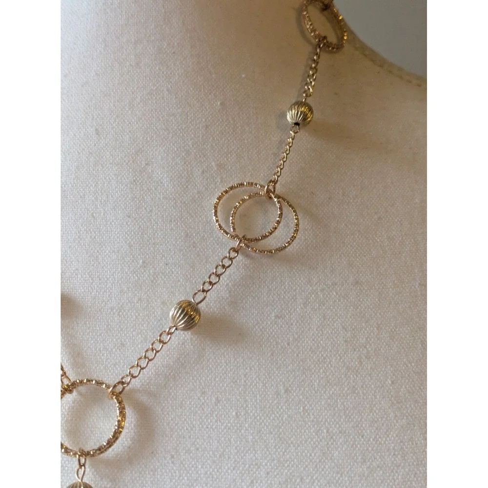 Gold Tone Tassel Necklace With Circular Stations Abstract Classic Elegant 18
